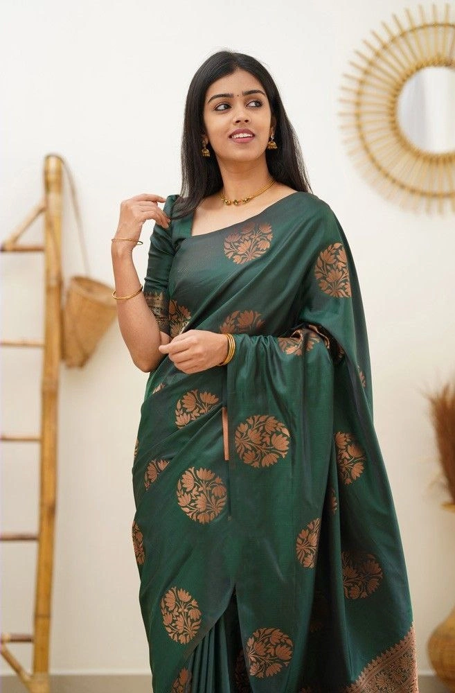 Soft Silk Saree with Copper Jari Work, Rich Design, and Jacquard Border Blouse Piece-SRIAnjana-Green