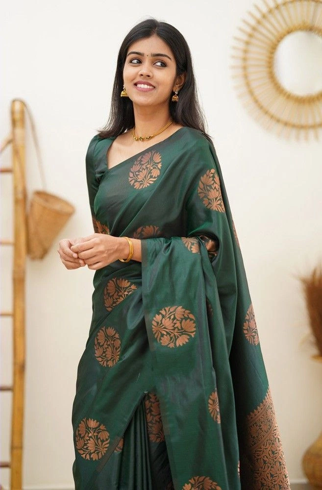 Soft Silk Saree with Copper Jari Work, Rich Design, and Jacquard Border Blouse Piece-Green-3