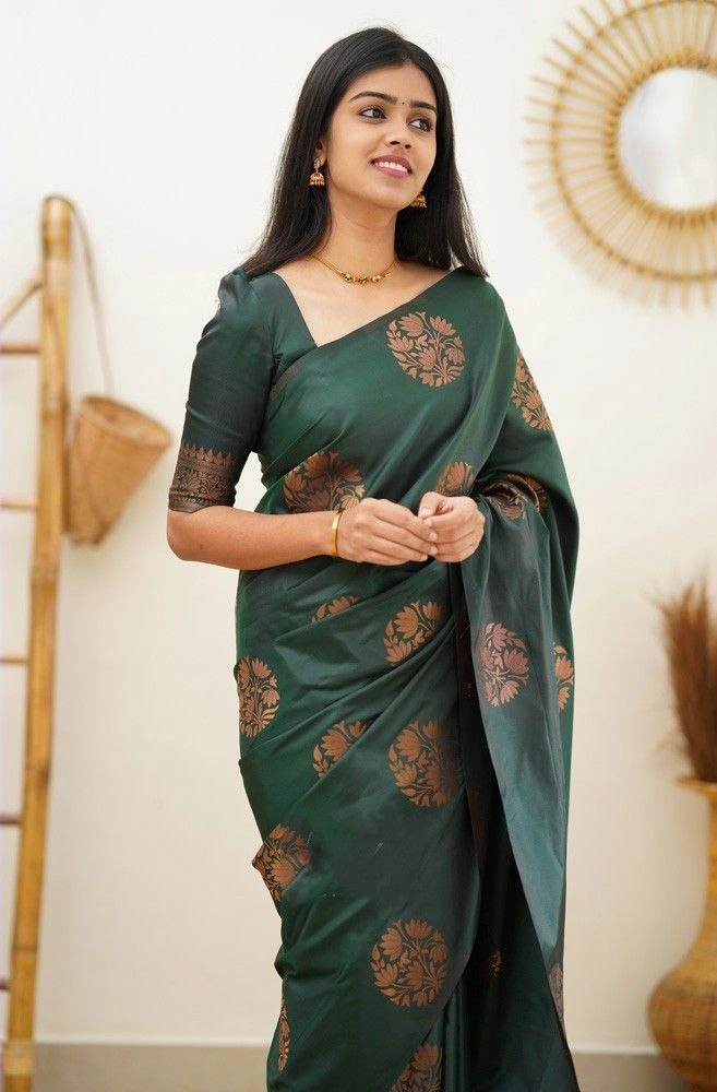 Soft Silk Saree with Copper Jari Work, Rich Design, and Jacquard Border Blouse Piece-Green-4