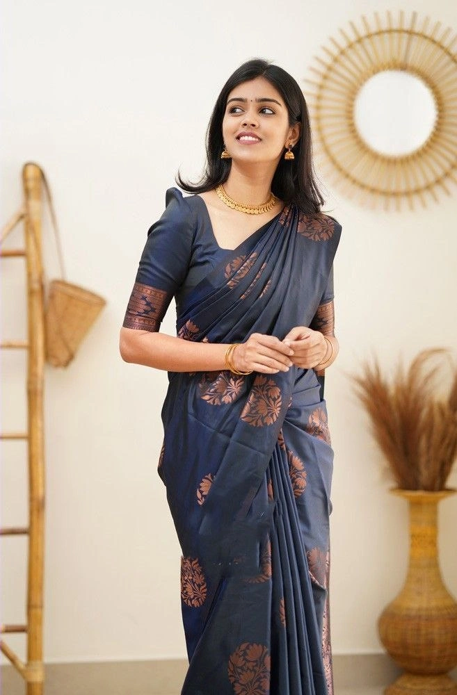 Soft Silk Saree with Copper Jari Work, Rich Design, and Jacquard Border Blouse Piece-Navy Blue-4