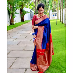 Soft Lichi Silk Saree with Golden Jari Zigzag Design and Rich Jaquard Border