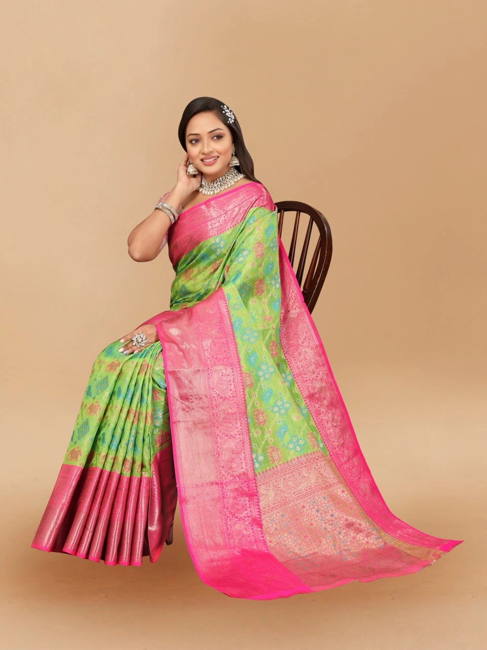 Soft Cotton Saree with Meenakari, Rich Zari Pallu, Contrast Border, Silk Weaving Blouse-Pista-2