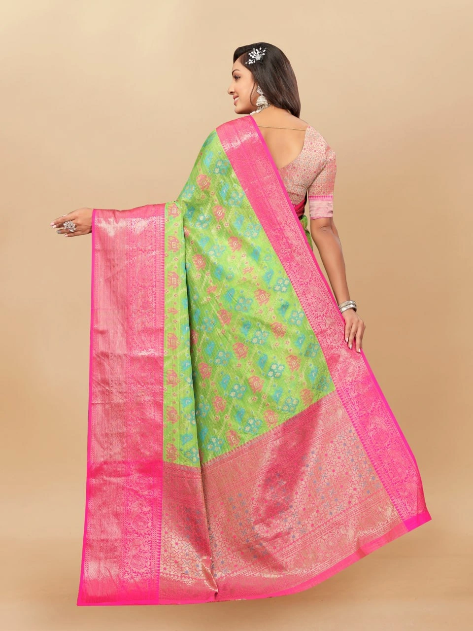 Soft Cotton Saree with Meenakari, Rich Zari Pallu, Contrast Border, Silk Weaving Blouse-Pista-4