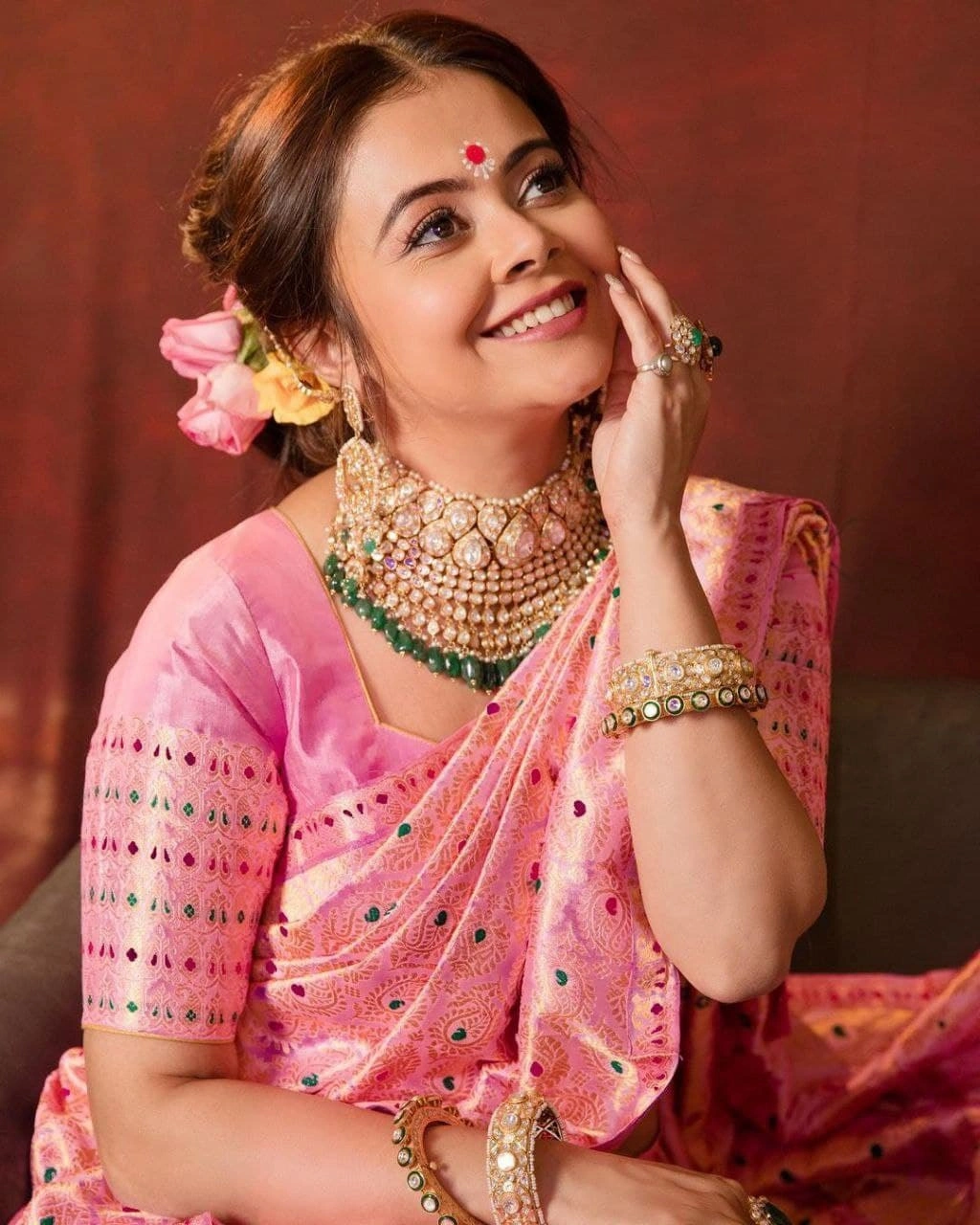 Soft Lichi Silk Saree with Golden Jari and Green-Red Mina Design, Rich Pallu, Jaquard Border Blouse-SRIAsrita-Pink