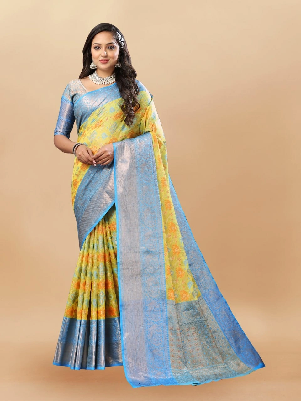 Soft Cotton Saree with Meenakari, Rich Zari Pallu, Contrast Border, Silk Weaving Blouse-RMNX-284-Lemon