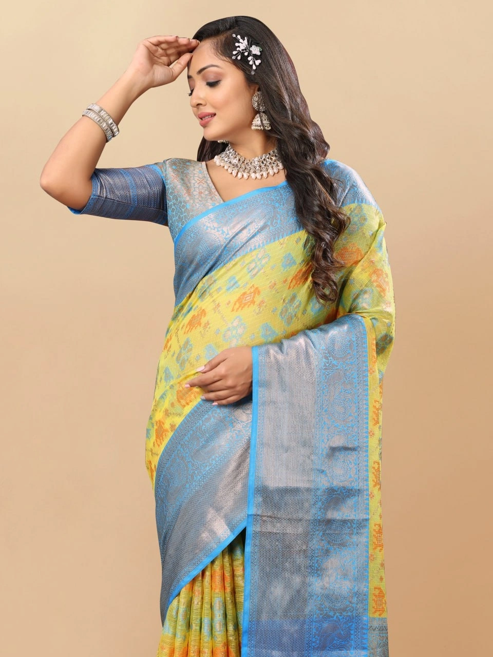 Soft Cotton Saree with Meenakari, Rich Zari Pallu, Contrast Border, Silk Weaving Blouse-Lemon-1