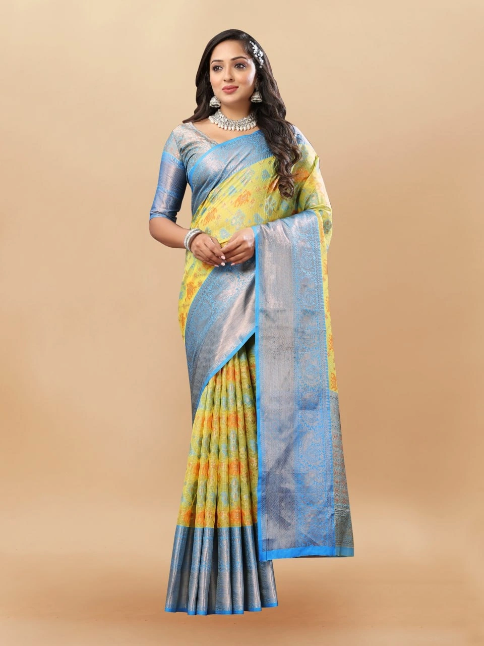 Soft Cotton Saree with Meenakari, Rich Zari Pallu, Contrast Border, Silk Weaving Blouse-Lemon-2