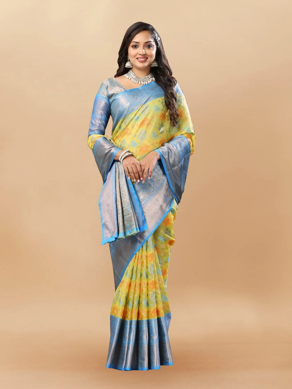 Soft Cotton Saree with Meenakari, Rich Zari Pallu, Contrast Border, Silk Weaving Blouse-Lemon-3