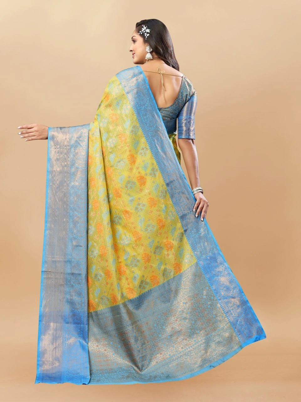 Soft Cotton Saree with Meenakari, Rich Zari Pallu, Contrast Border, Silk Weaving Blouse-Lemon-4