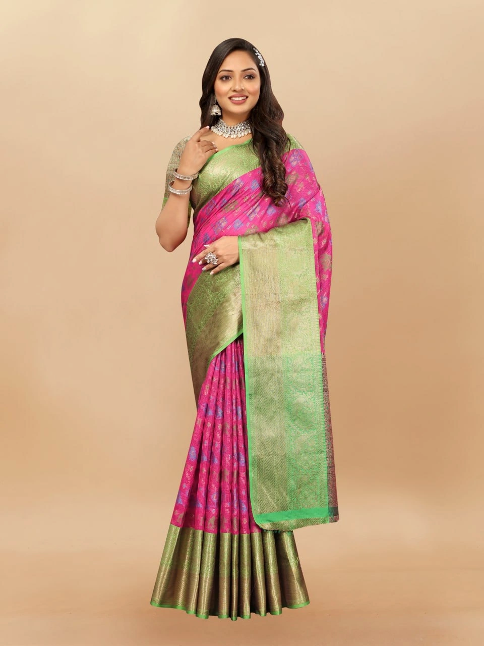 Soft Cotton Saree with Meenakari, Rich Zari Pallu, Contrast Border, Silk Weaving Blouse-Pink-2