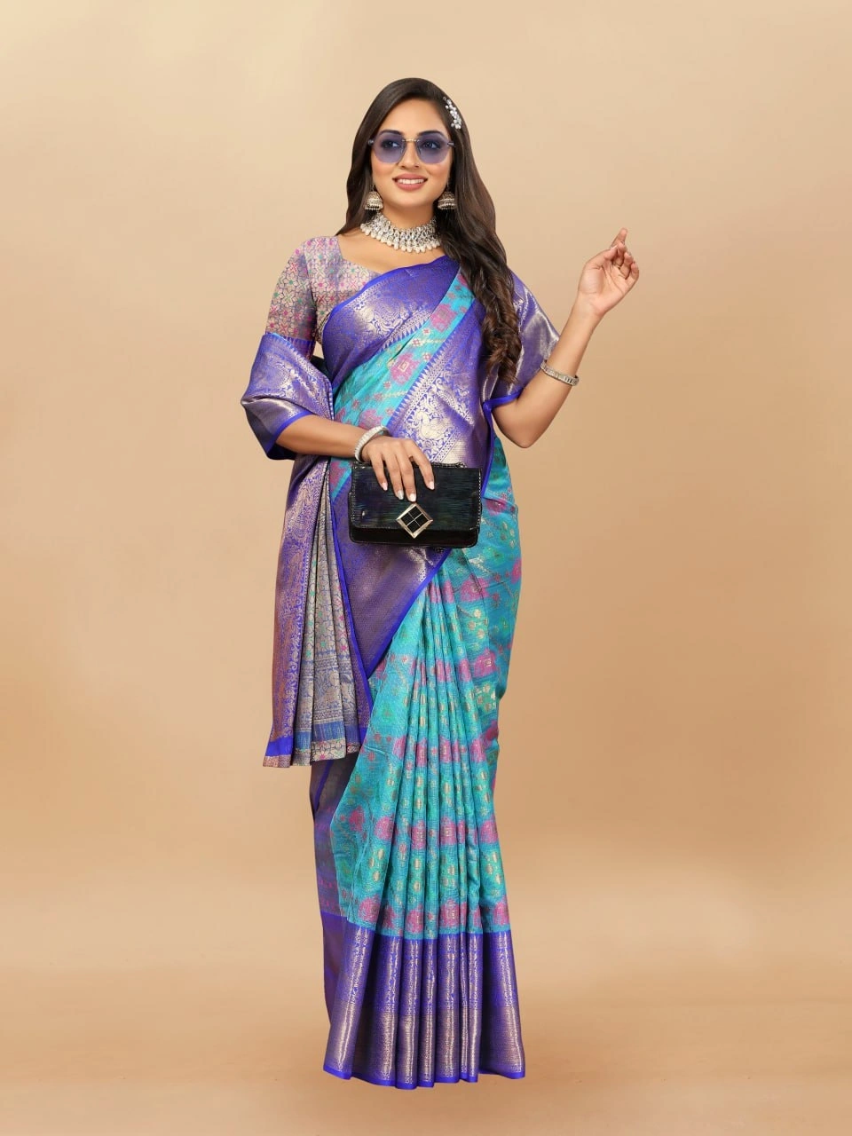 Soft Cotton Saree with Meenakari, Rich Zari Pallu, Contrast Border, Silk Weaving Blouse-Rama-1