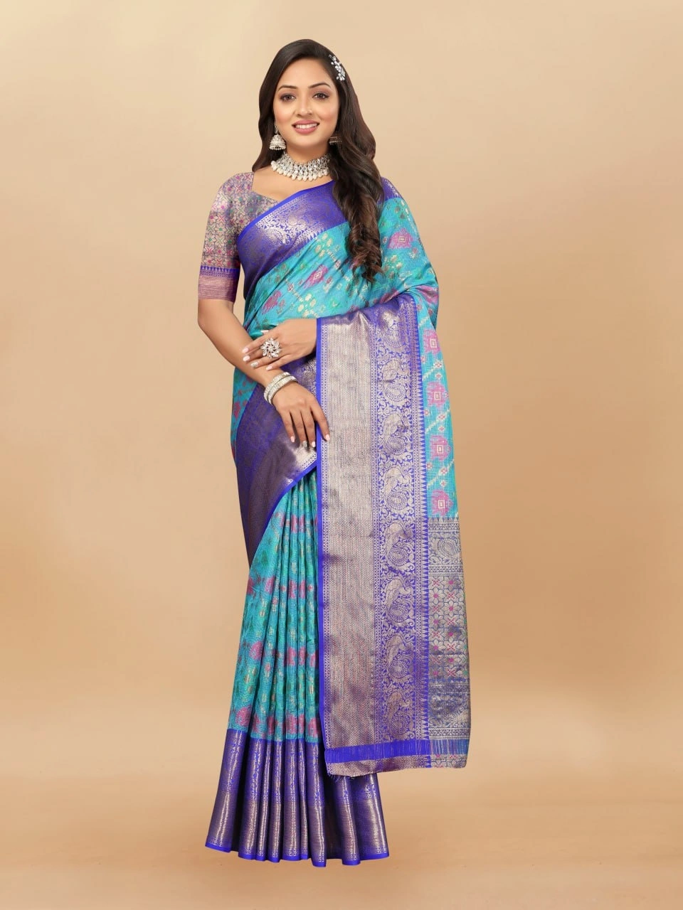 Soft Cotton Saree with Meenakari, Rich Zari Pallu, Contrast Border, Silk Weaving Blouse-Rama-2