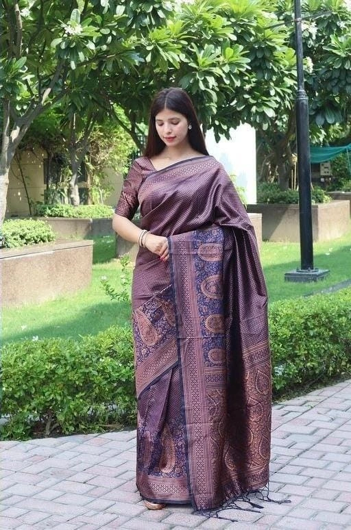 Soft Silk Saree with Copper Jari Work, Rich Design, and Jacquard Border Blouse Piece-SRIBalika-Purple