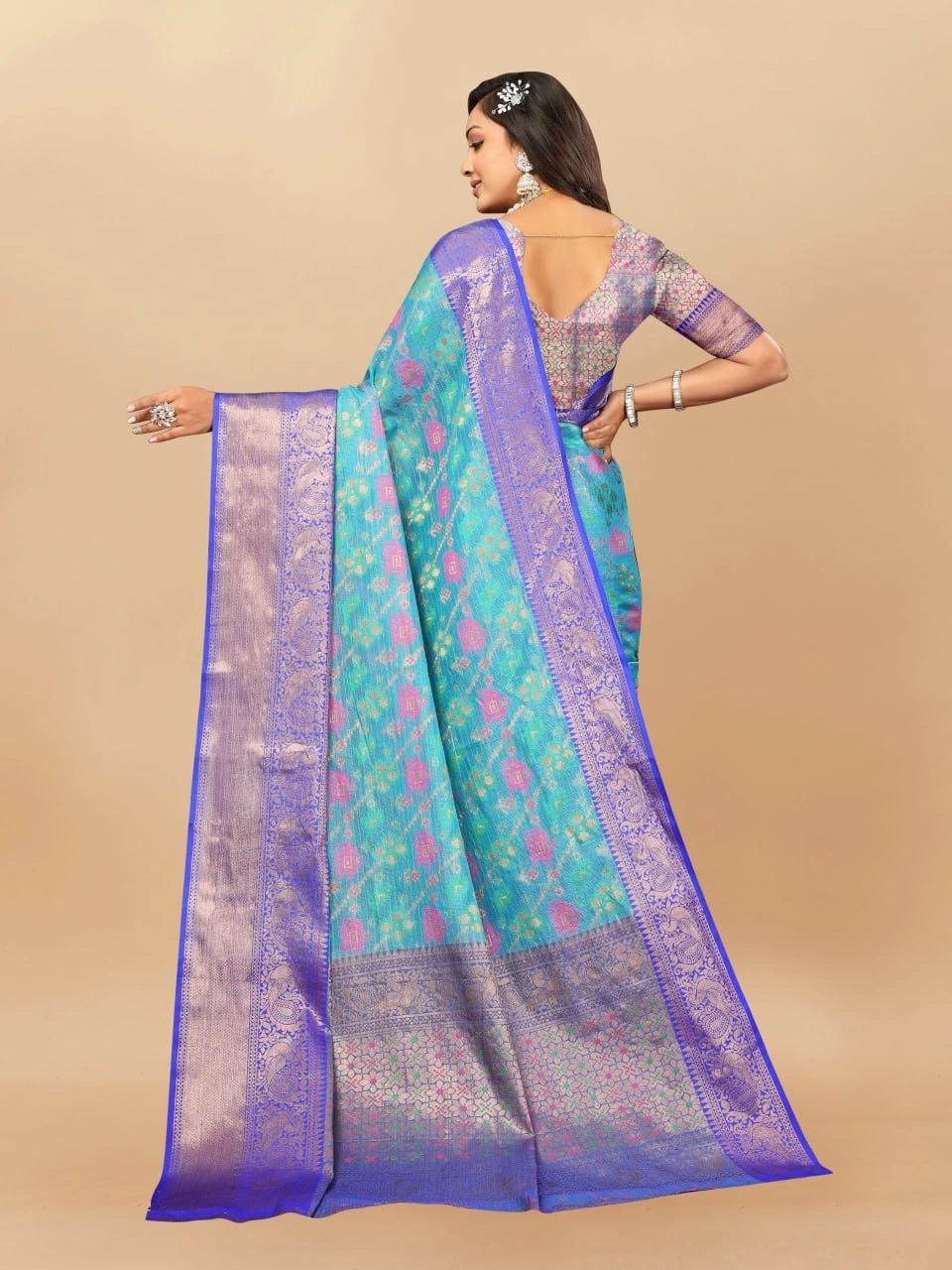 Soft Cotton Saree with Meenakari, Rich Zari Pallu, Contrast Border, Silk Weaving Blouse-Rama-4