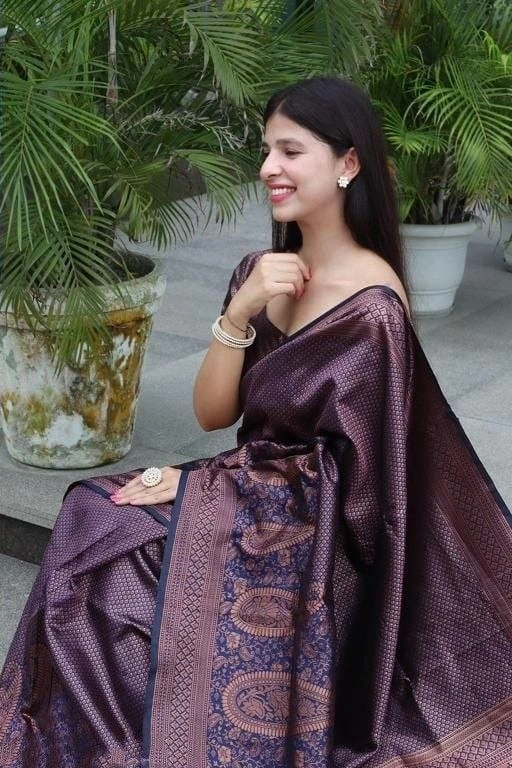 Soft Silk Saree with Copper Jari Work, Rich Design, and Jacquard Border Blouse Piece-Purple-2