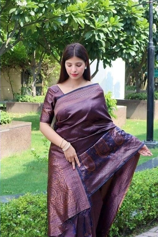 Soft Silk Saree with Copper Jari Work, Rich Design, and Jacquard Border Blouse Piece-Purple-4