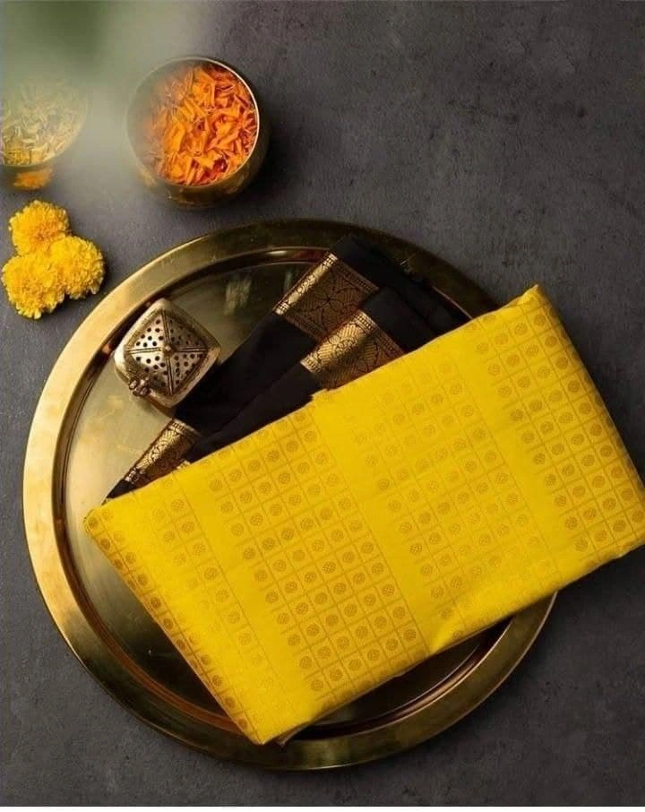 Soft Lichi Silk Saree with Golden Jari, Heavy Jacquard Border &amp; Rich Pallu-Yellow-2