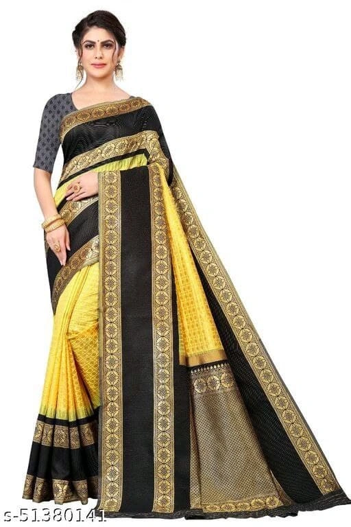 Soft Lichi Silk Saree with Golden Jari, Heavy Jacquard Border &amp; Rich Pallu-Yellow-1