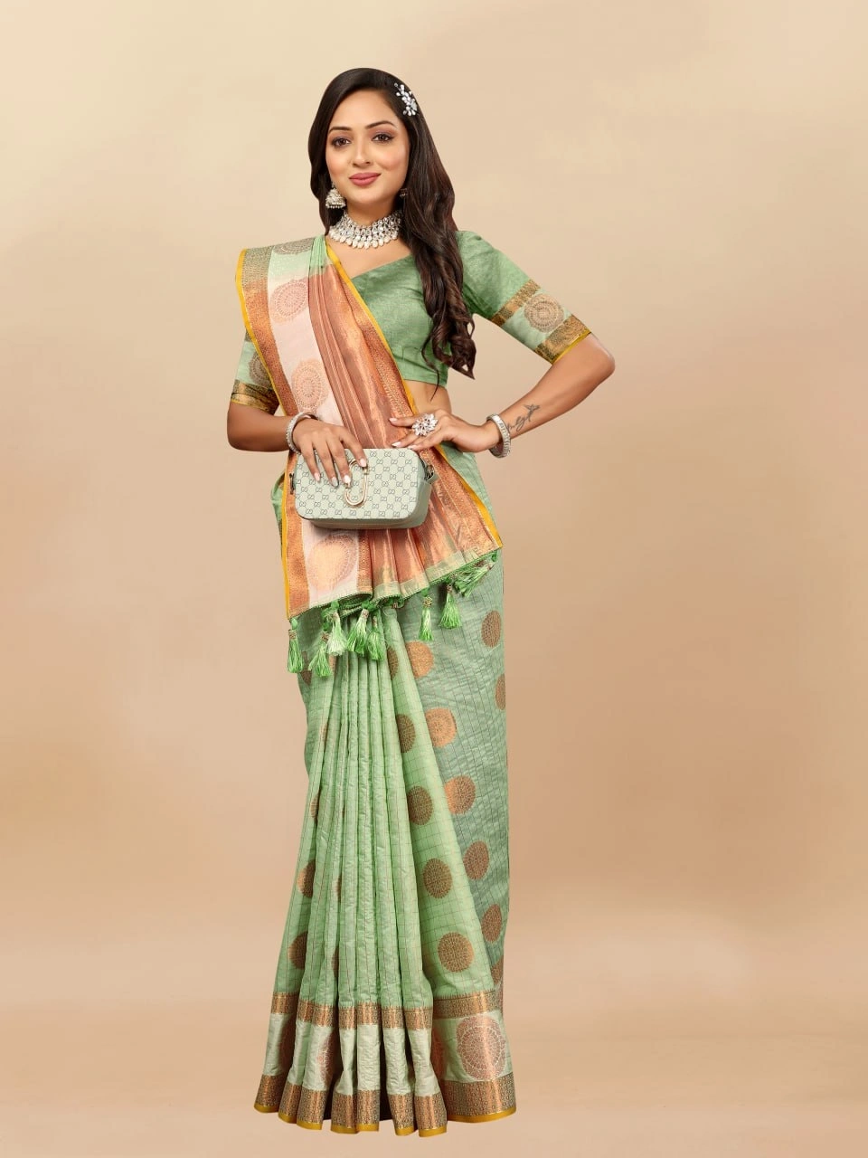 Soft Cotton Saree with Rich Zari Weaving Pallu, Contrast Border, and Silk Blouse Piece-Pista-1