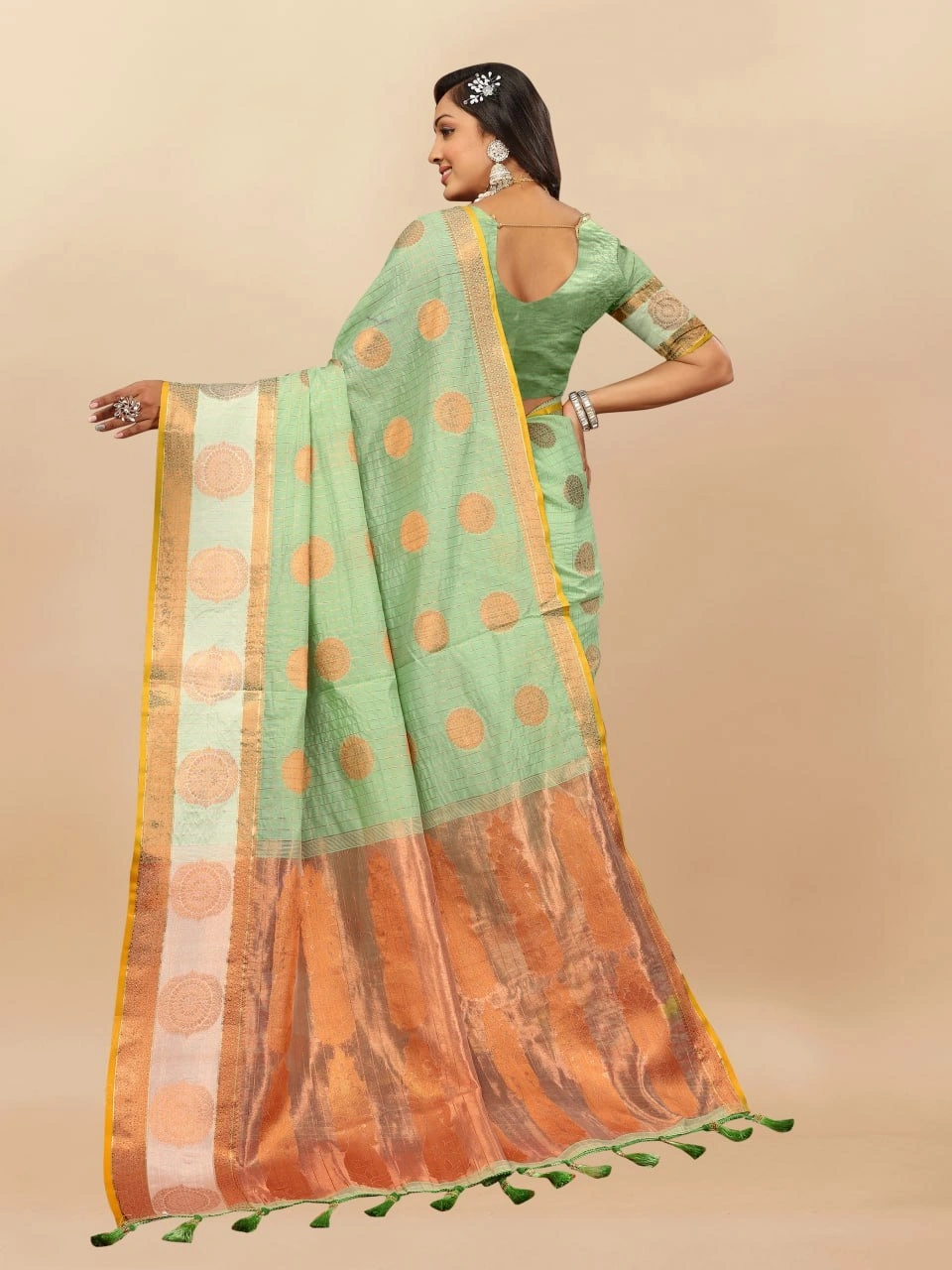 Soft Cotton Saree with Rich Zari Weaving Pallu, Contrast Border, and Silk Blouse Piece-Pista-2