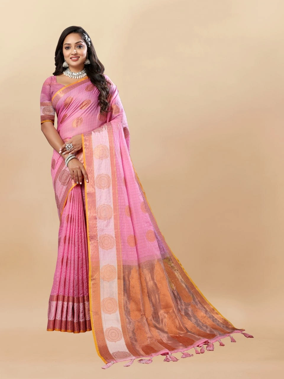 Soft Cotton Saree with Rich Zari Weaving Pallu, Contrast Border, and Silk Blouse Piece-RMNX-288-Pink