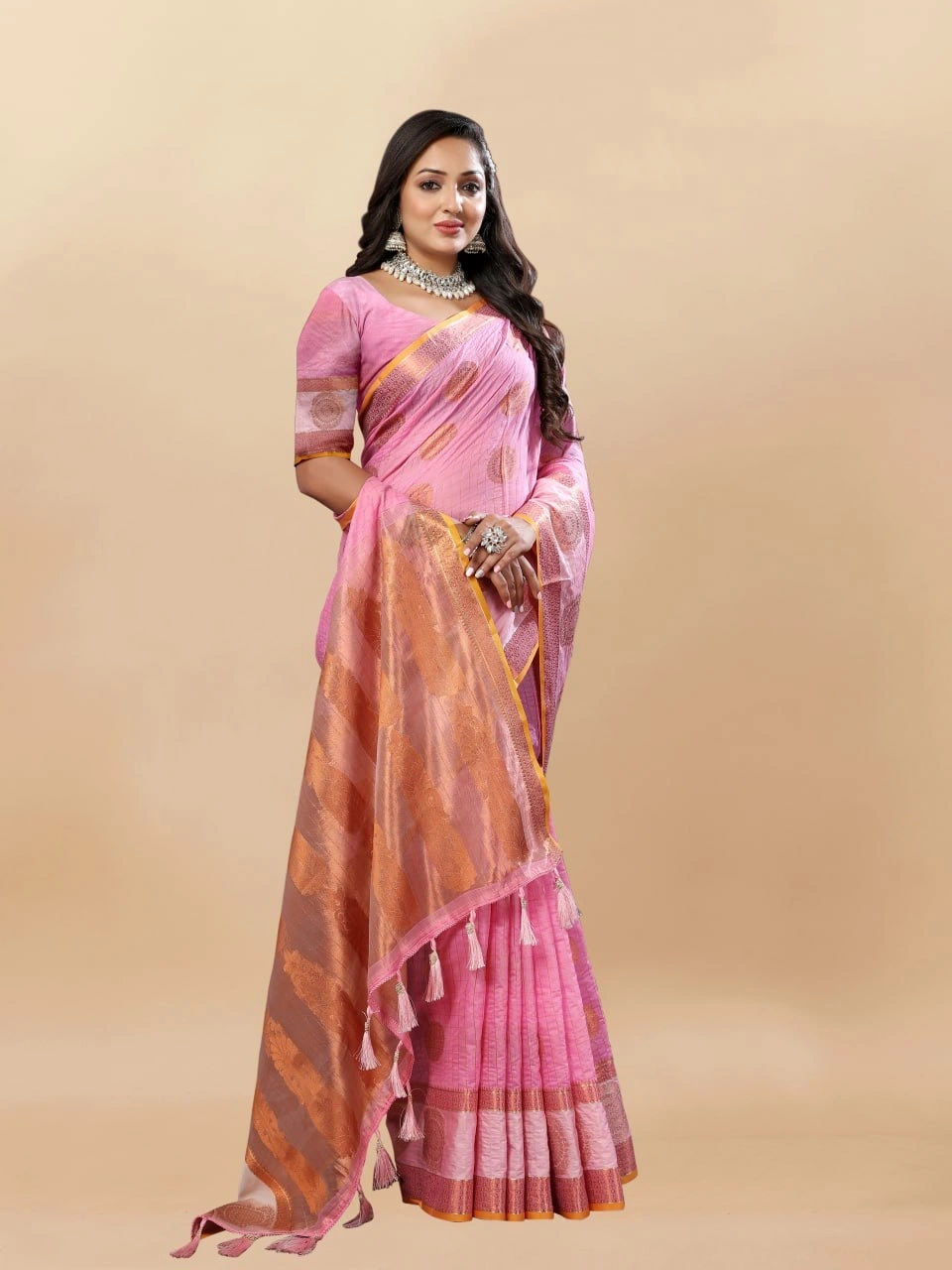 Soft Cotton Saree with Rich Zari Weaving Pallu, Contrast Border, and Silk Blouse Piece-Pink-1