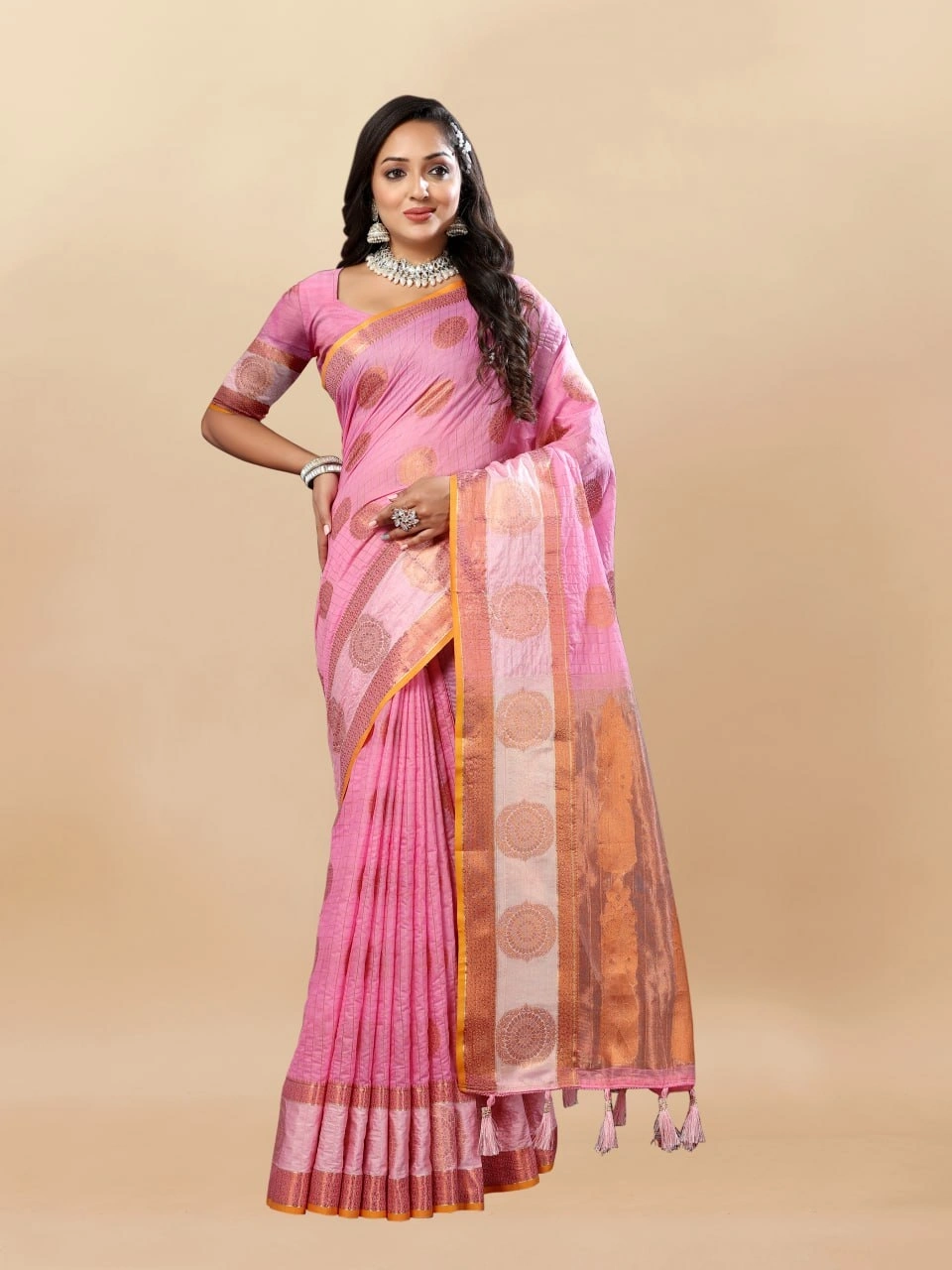 Soft Cotton Saree with Rich Zari Weaving Pallu, Contrast Border, and Silk Blouse Piece-Pink-2