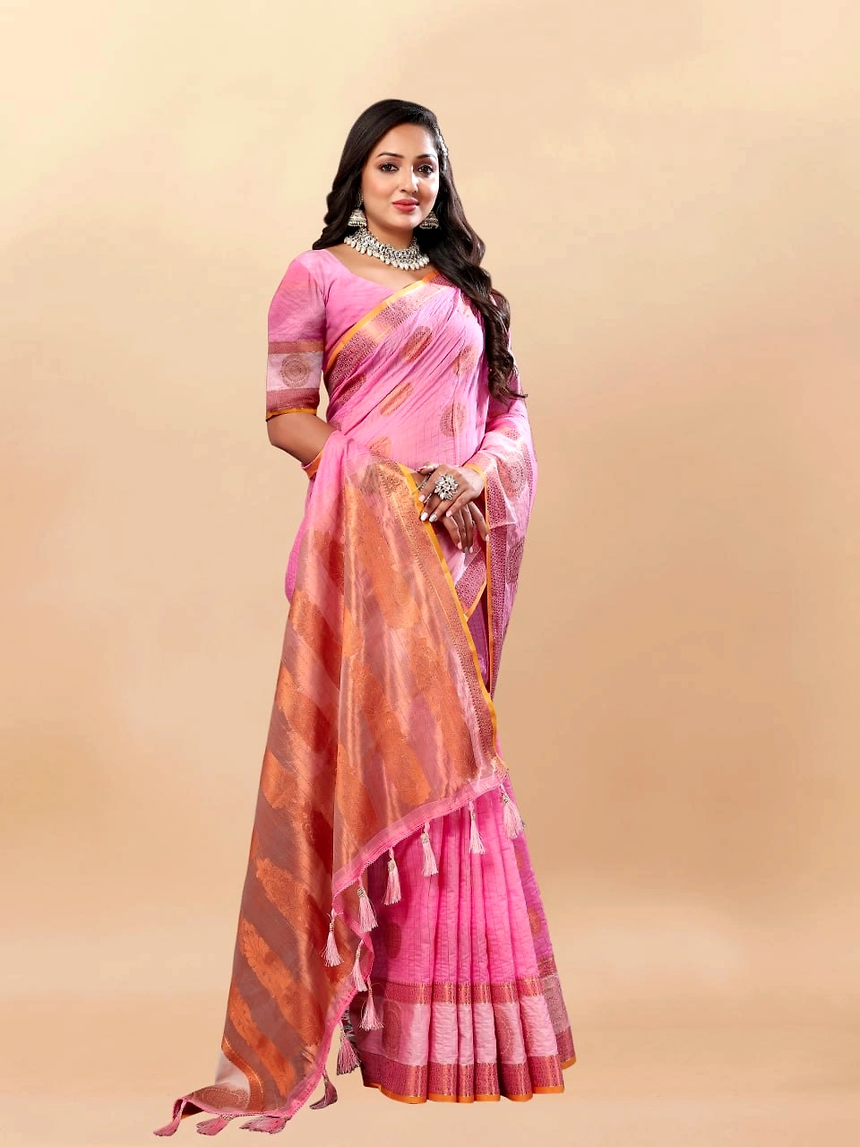 Soft Cotton Saree with Rich Zari Weaving Pallu, Contrast Border, and Silk Blouse Piece-Pink-3