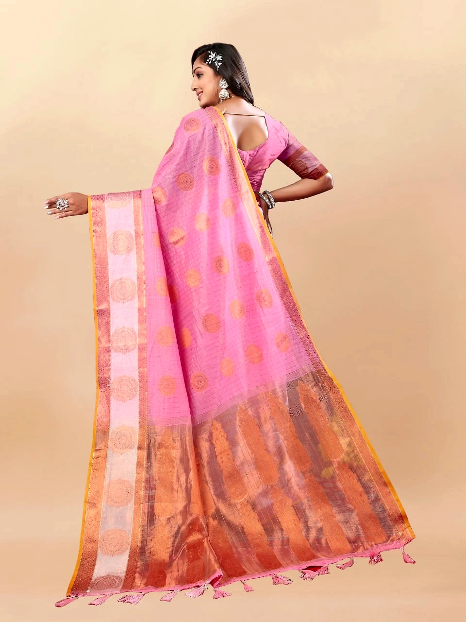 Soft Cotton Saree with Rich Zari Weaving Pallu, Contrast Border, and Silk Blouse Piece-Pink-4