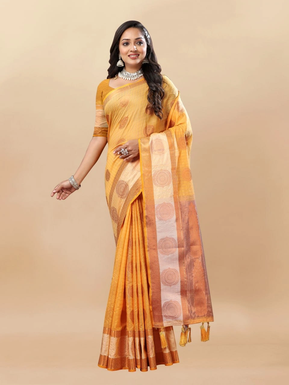 Soft Cotton Saree with Rich Zari Weaving Pallu, Contrast Border, and Silk Blouse Piece-RMNX-288-Yellow