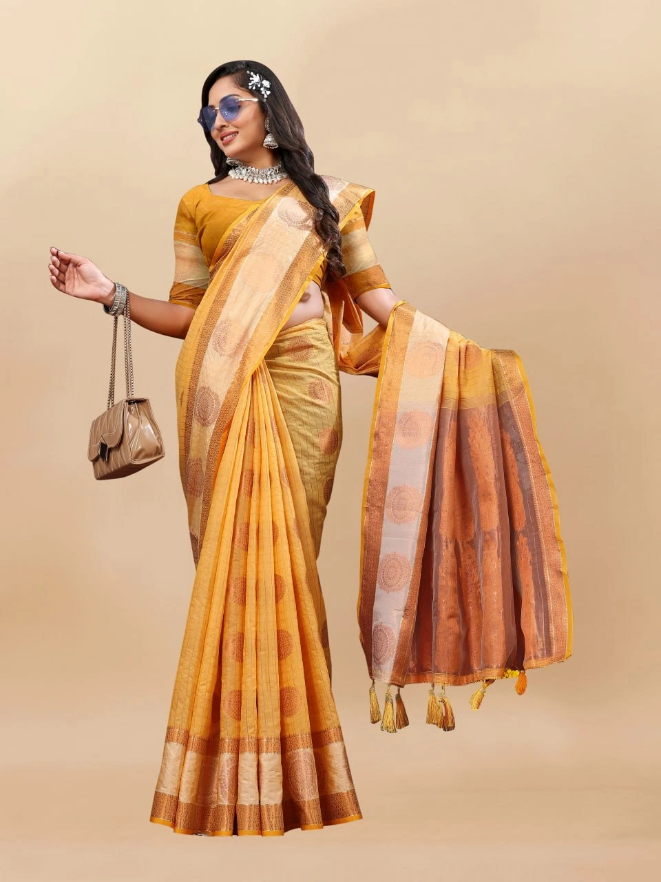 Soft Cotton Saree with Rich Zari Weaving Pallu, Contrast Border, and Silk Blouse Piece-Yellow-1