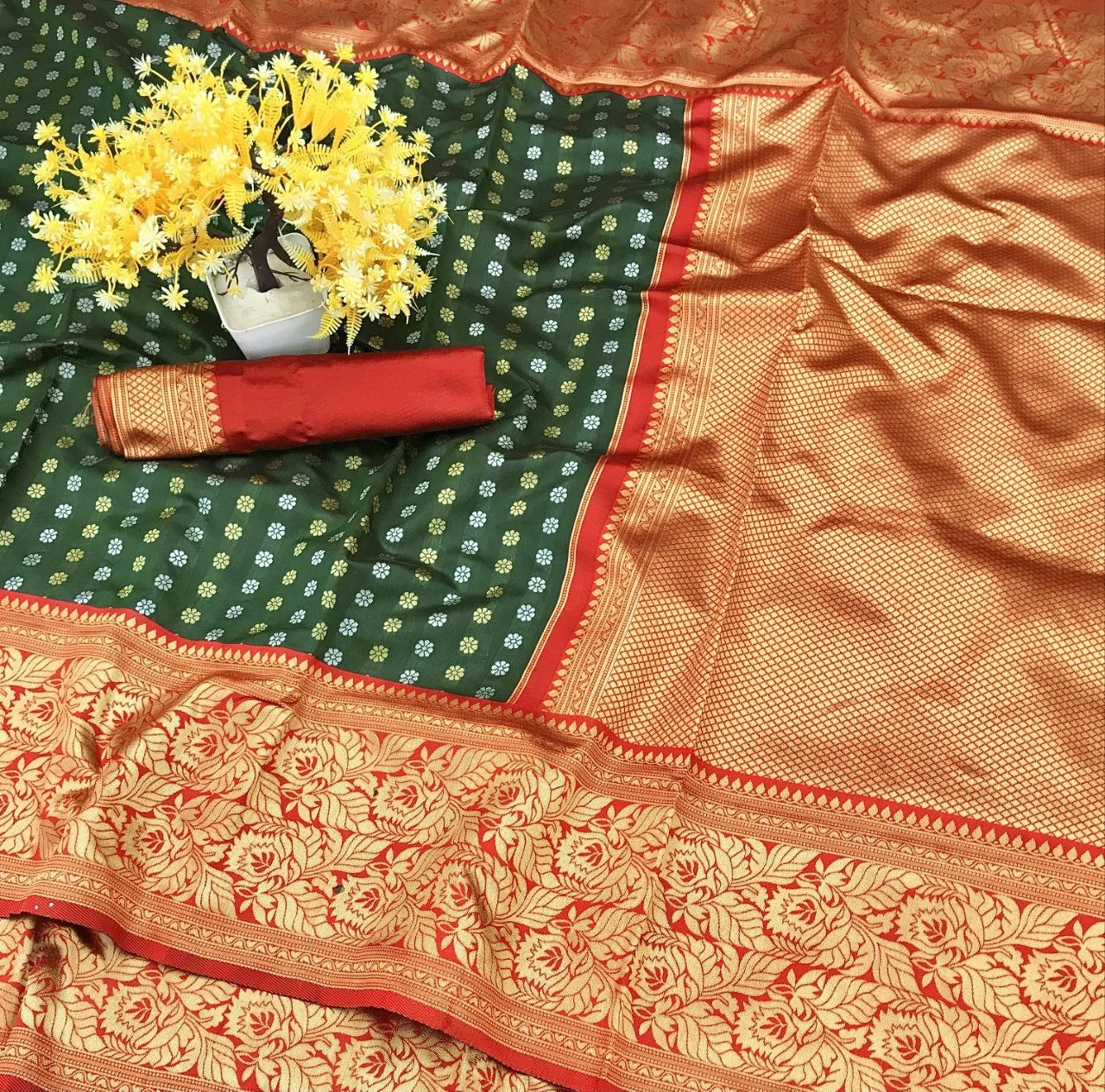 Soft Lichi Silk Saree with Silver &amp; Gold Jari, Heavy Jacquard Border, Rich Pallu, Blouse Piece-Green-4