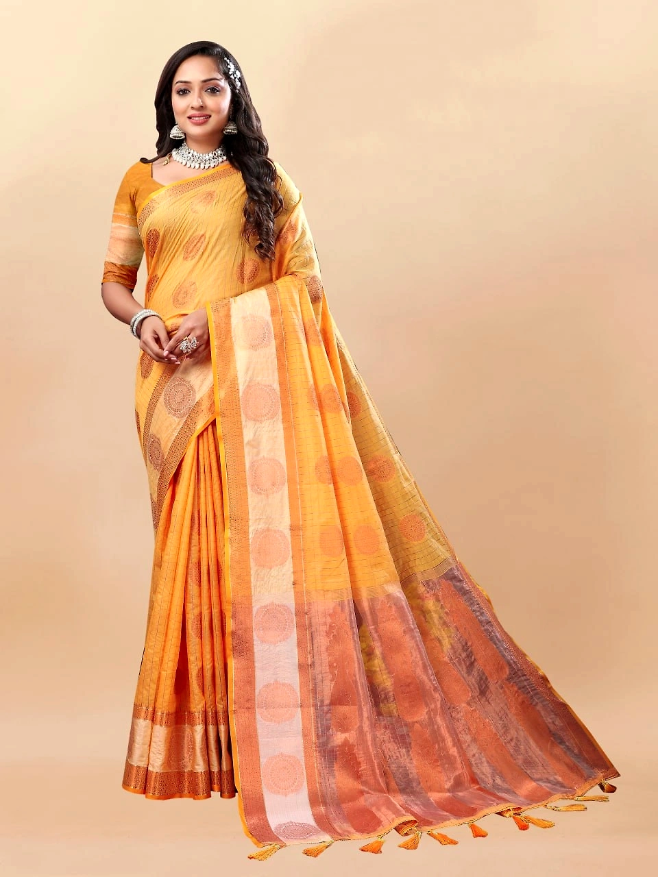 Soft Cotton Saree with Rich Zari Weaving Pallu, Contrast Border, and Silk Blouse Piece-Yellow-2