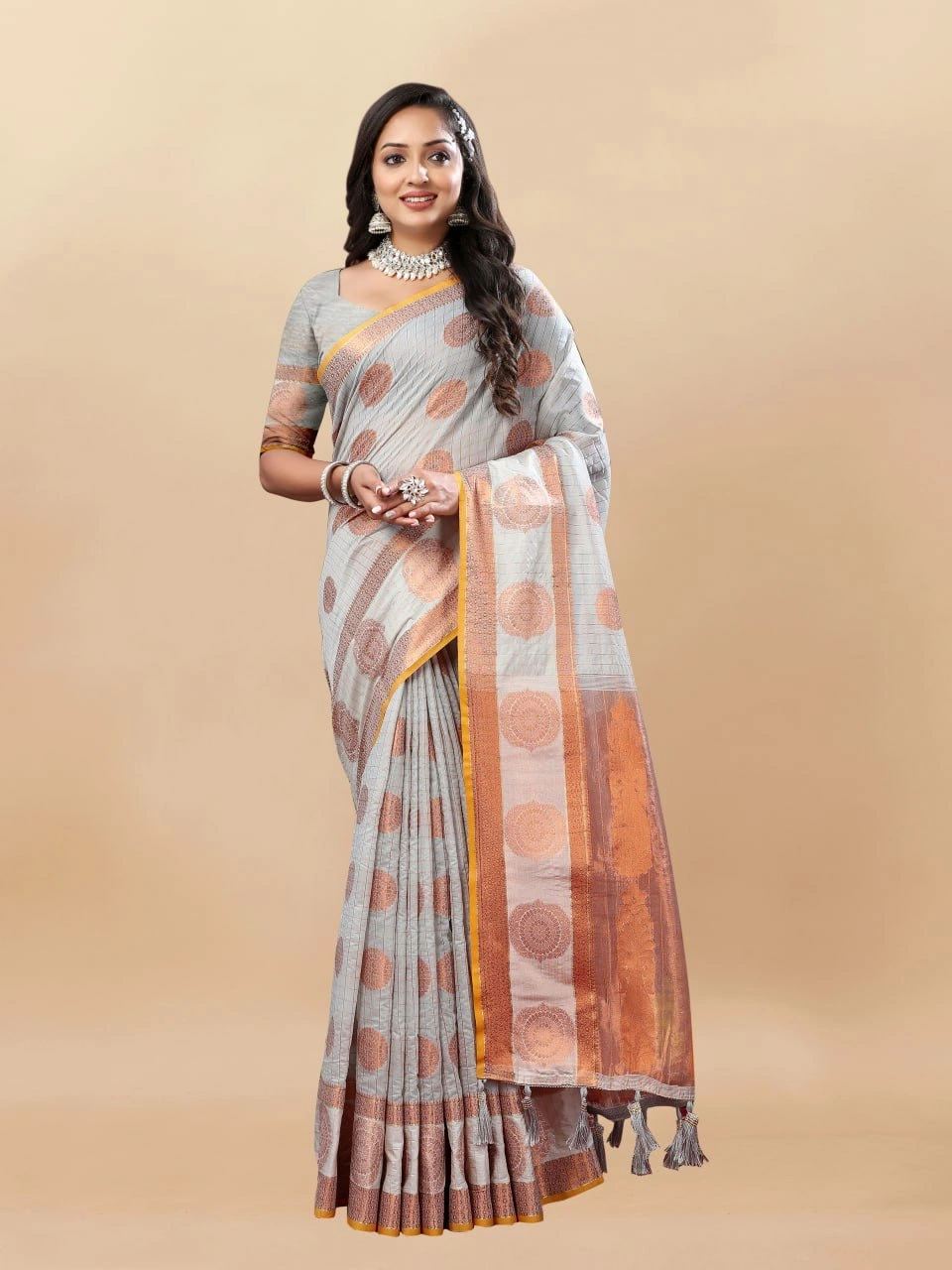 Soft Cotton Saree with Rich Zari Weaving Pallu, Contrast Border, and Silk Blouse Piece-RMNX-288-Grey