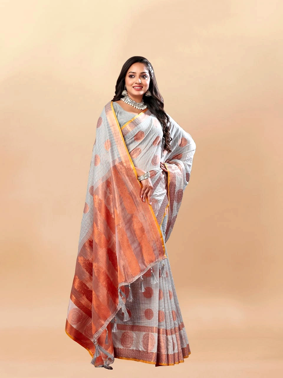 Soft Cotton Saree with Rich Zari Weaving Pallu, Contrast Border, and Silk Blouse Piece-Grey-1