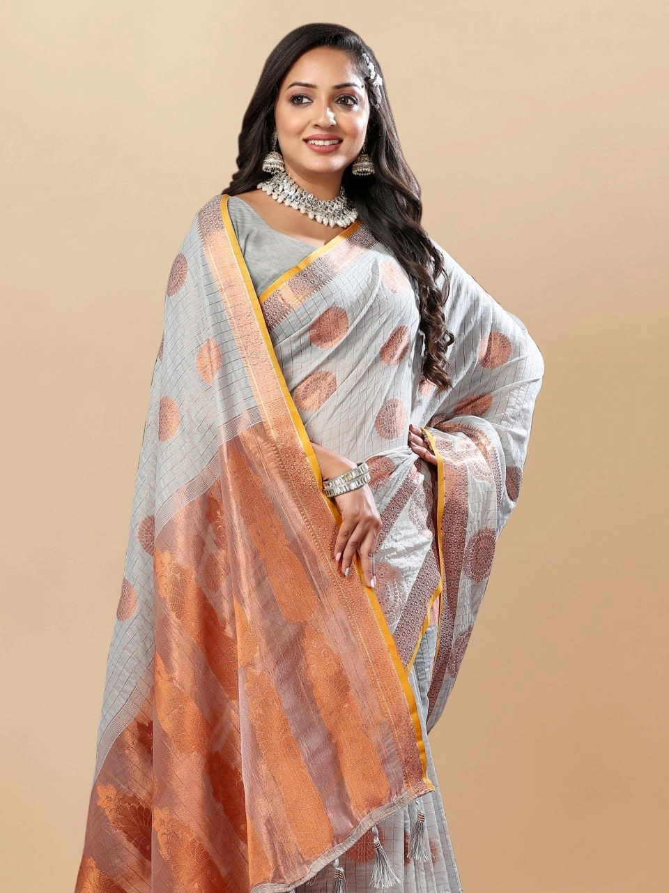 Soft Cotton Saree with Rich Zari Weaving Pallu, Contrast Border, and Silk Blouse Piece-Grey-2