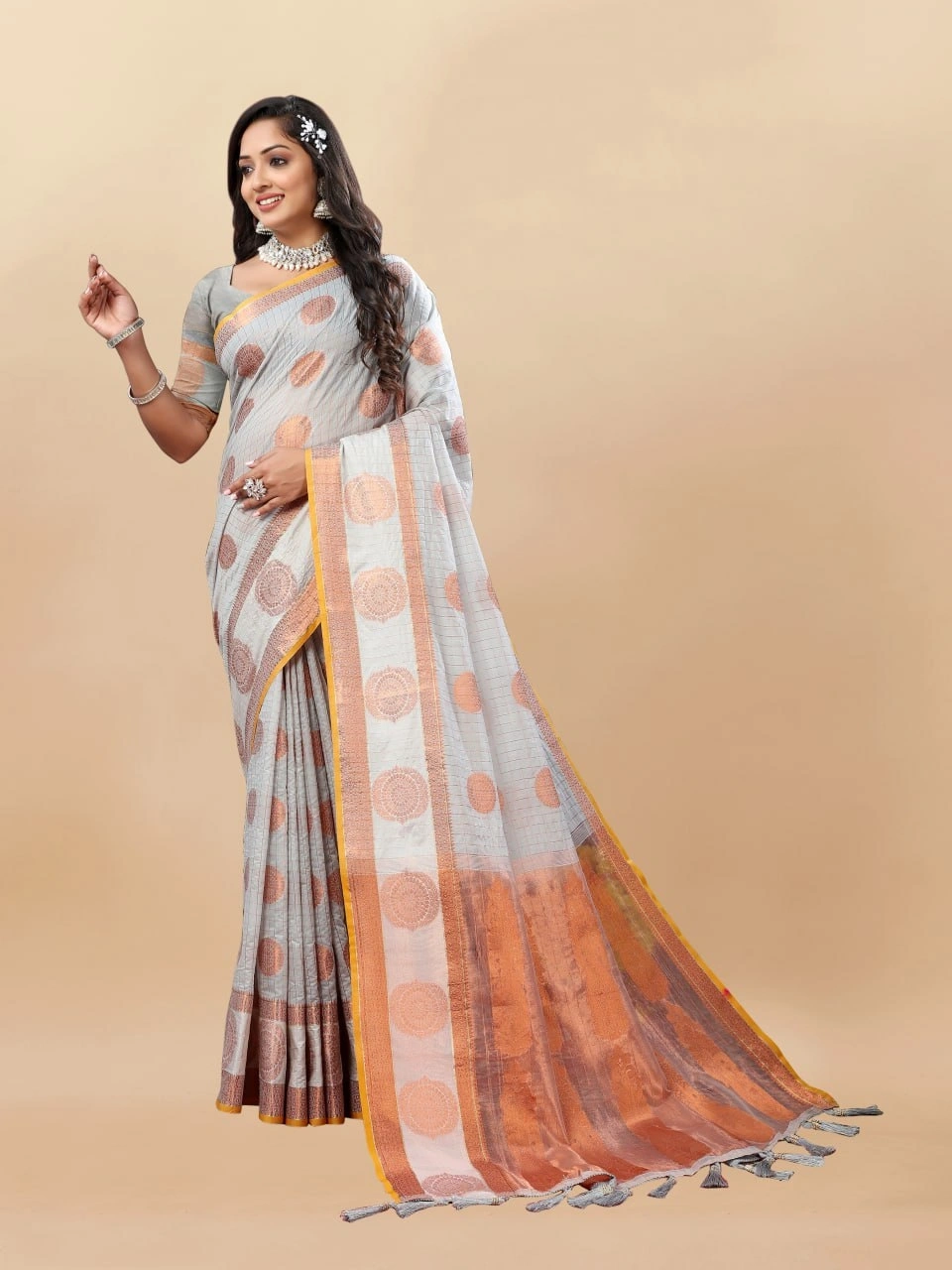 Soft Cotton Saree with Rich Zari Weaving Pallu, Contrast Border, and Silk Blouse Piece-Grey-3