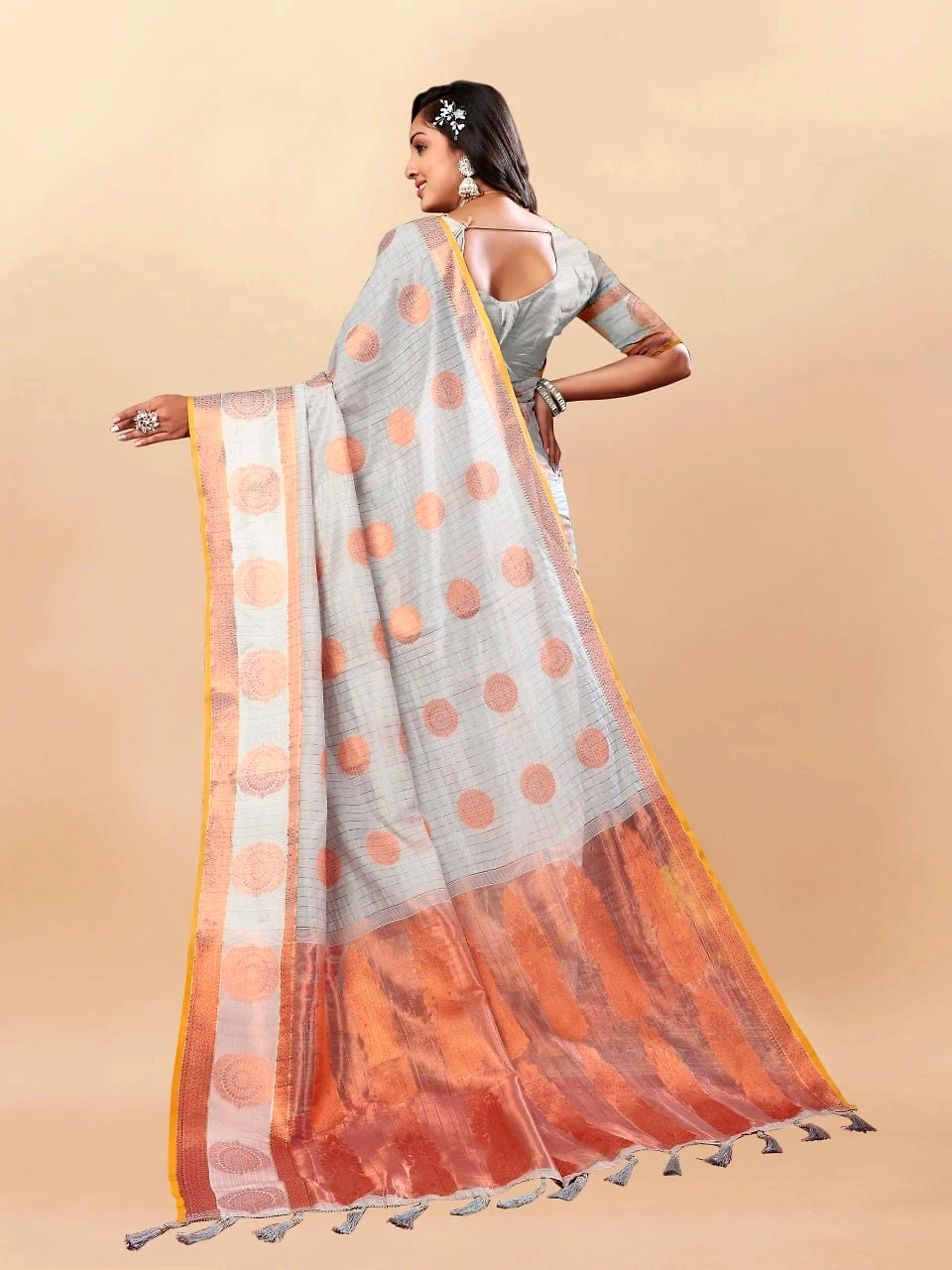 Soft Cotton Saree with Rich Zari Weaving Pallu, Contrast Border, and Silk Blouse Piece-Grey-4