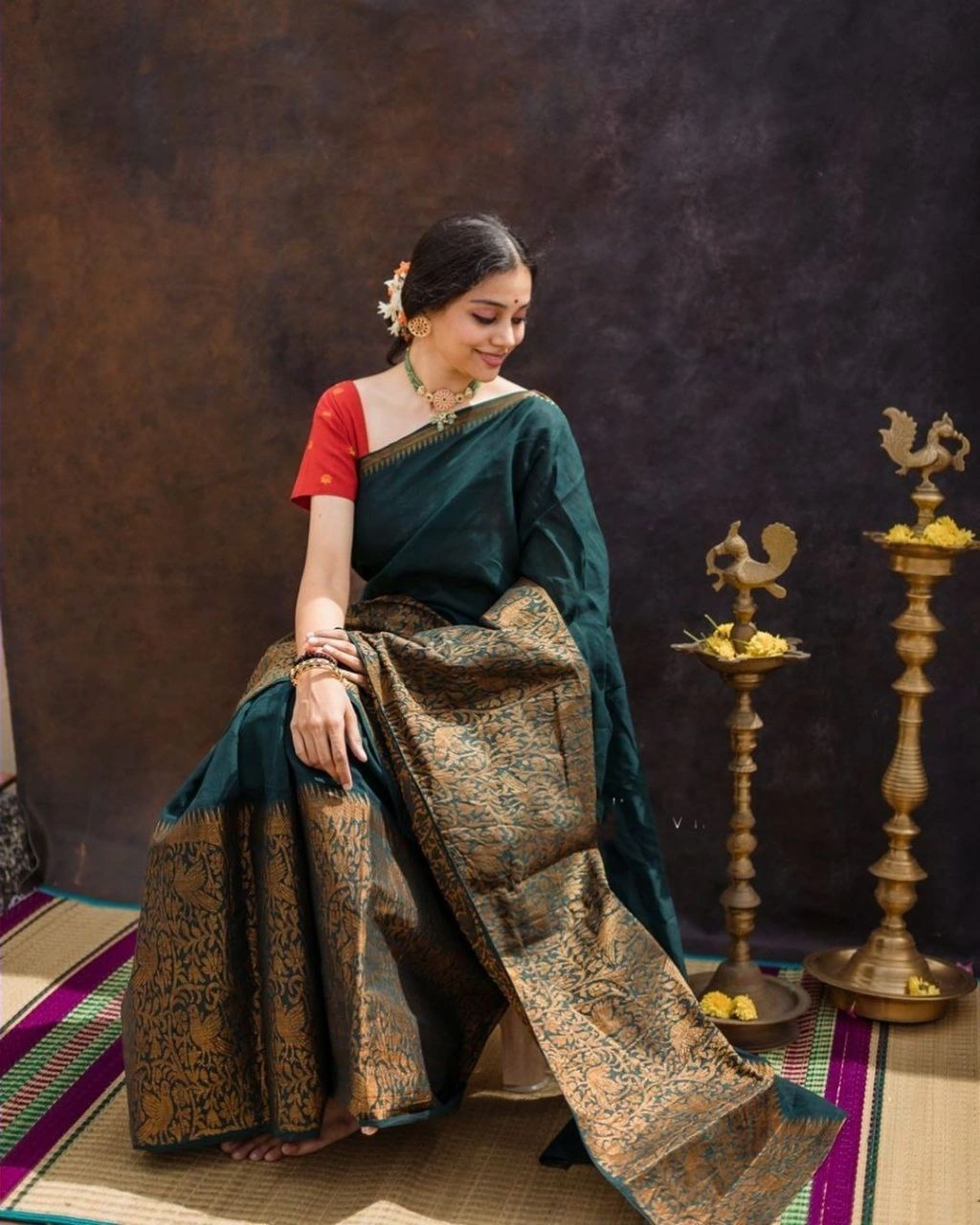 Soft Lichi Silk Saree with Golden Jari, Heavy Jaquard Border, Rich Pallu &amp; Blouse Piece-SRIChakli-Green