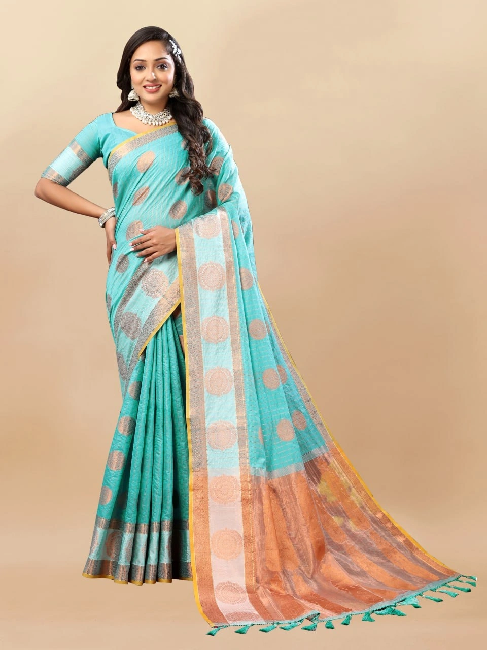 Soft Cotton Saree with Rich Zari Weaving Pallu, Contrast Border, and Silk Blouse Piece-Rama-1