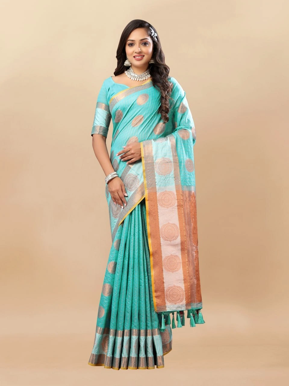 Soft Cotton Saree with Rich Zari Weaving Pallu, Contrast Border, and Silk Blouse Piece-Rama-2