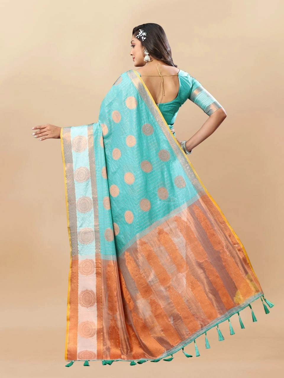 Soft Cotton Saree with Rich Zari Weaving Pallu, Contrast Border, and Silk Blouse Piece-Rama-4