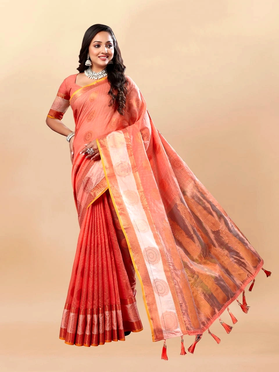 Soft Cotton Saree with Rich Zari Weaving Pallu, Contrast Border, and Silk Blouse Piece-RMNX-288-Orange