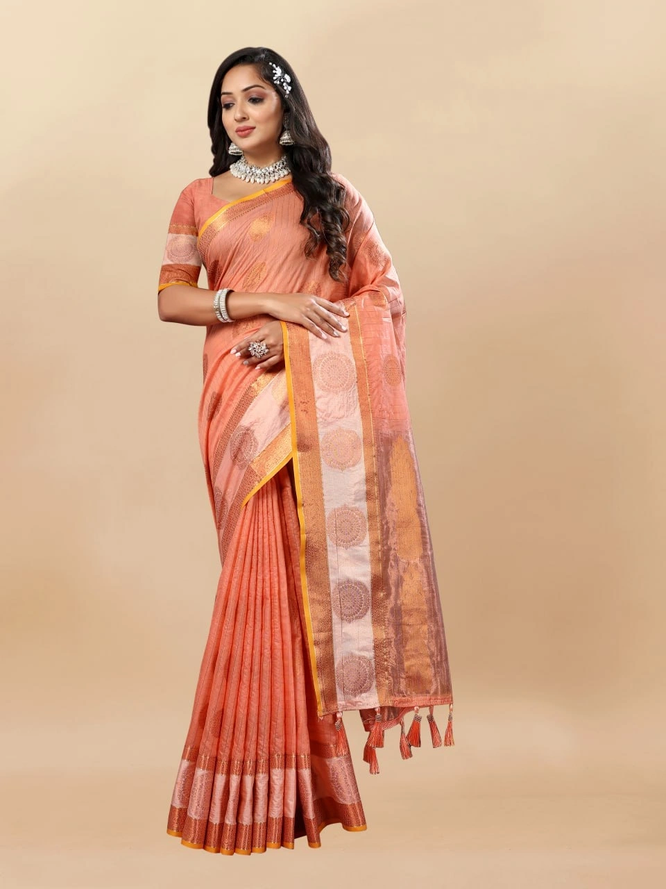 Soft Cotton Saree with Rich Zari Weaving Pallu, Contrast Border, and Silk Blouse Piece-Orange-1