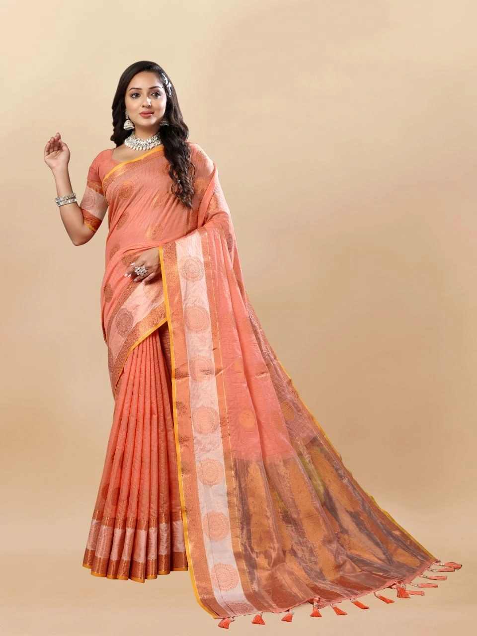 Soft Cotton Saree with Rich Zari Weaving Pallu, Contrast Border, and Silk Blouse Piece-Orange-2