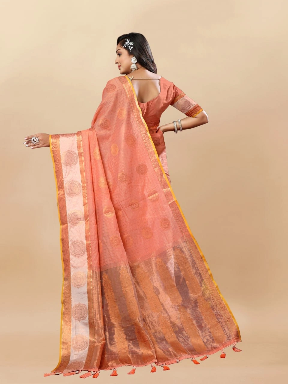 Soft Cotton Saree with Rich Zari Weaving Pallu, Contrast Border, and Silk Blouse Piece-Orange-3