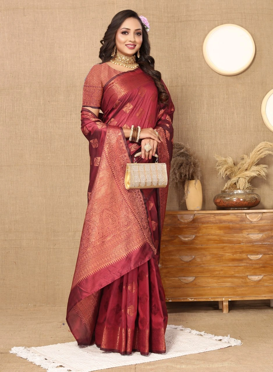 Soft Katan Silk Saree with Copper Zari Weaving Design and Rich Zari Pallu-Maroon-1