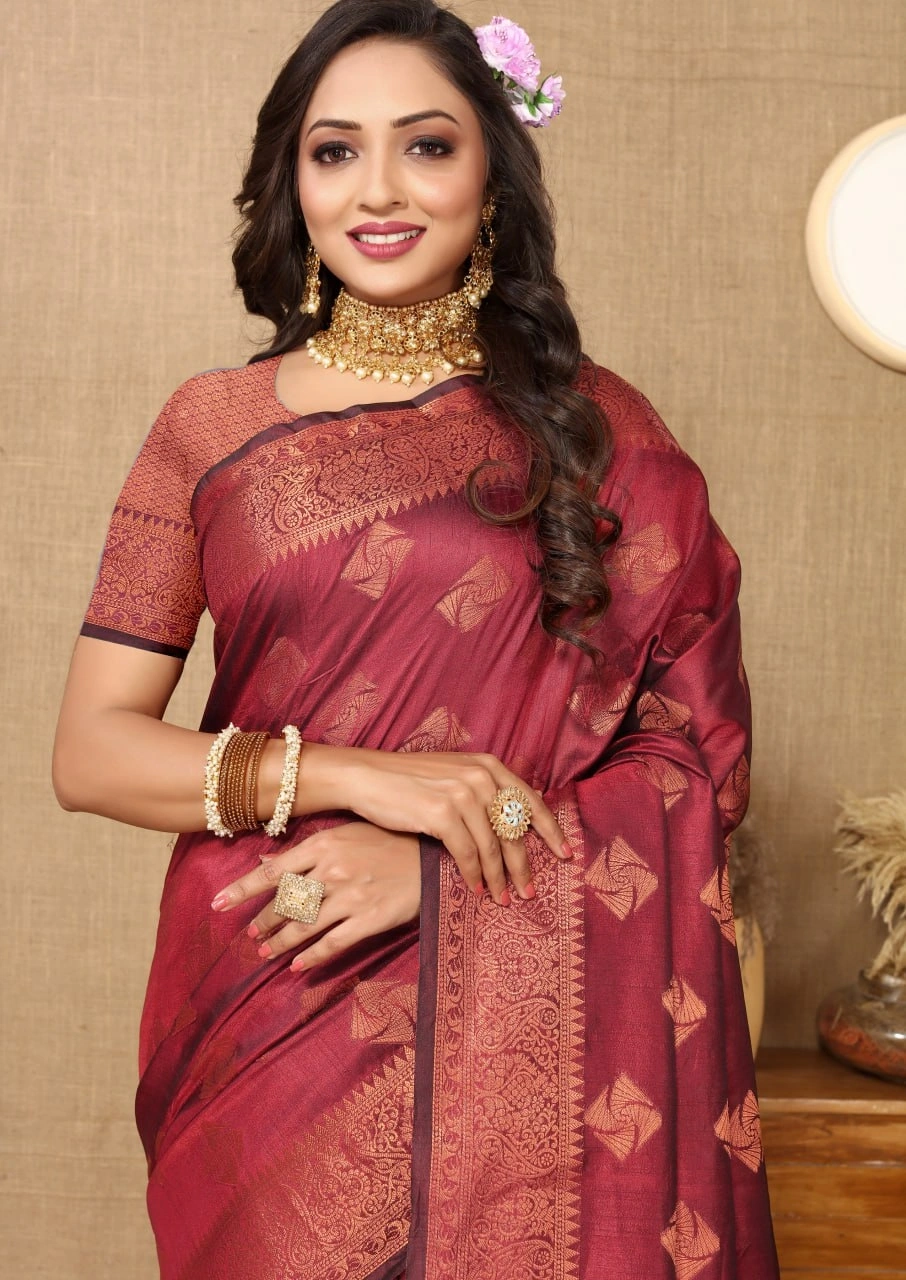 Soft Katan Silk Saree with Copper Zari Weaving Design and Rich Zari Pallu-Maroon-2