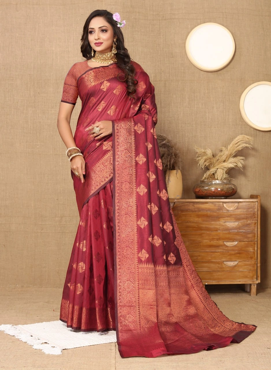 Soft Katan Silk Saree with Copper Zari Weaving Design and Rich Zari Pallu-Maroon-3