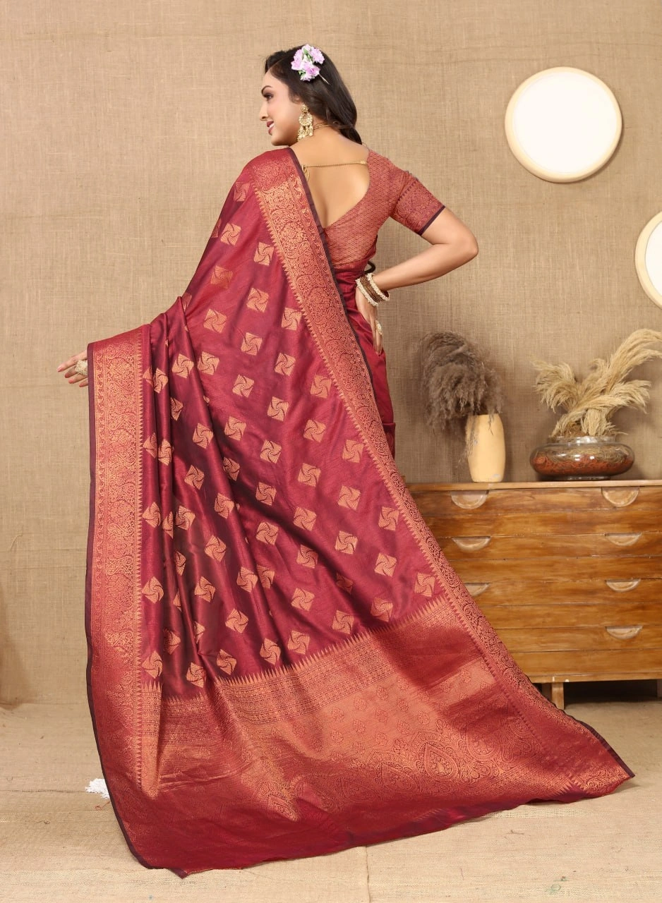 Soft Katan Silk Saree with Copper Zari Weaving Design and Rich Zari Pallu-Maroon-4